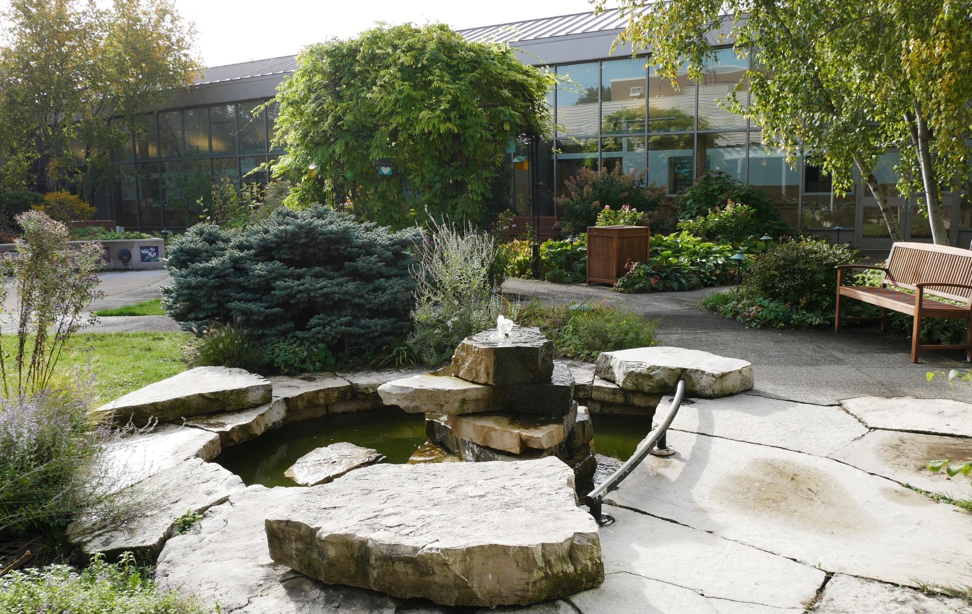 Levy Courtyard with a view of the stone water feature